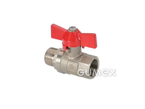 Kulový kohout s křídlovou rukojetí pro vodu, DN15, vnitřní a vnější závit G 1/2", 25bar, těsnění PTFE, páčka ocel s plastovým návlekem, -20°C/+120°C, mosaz